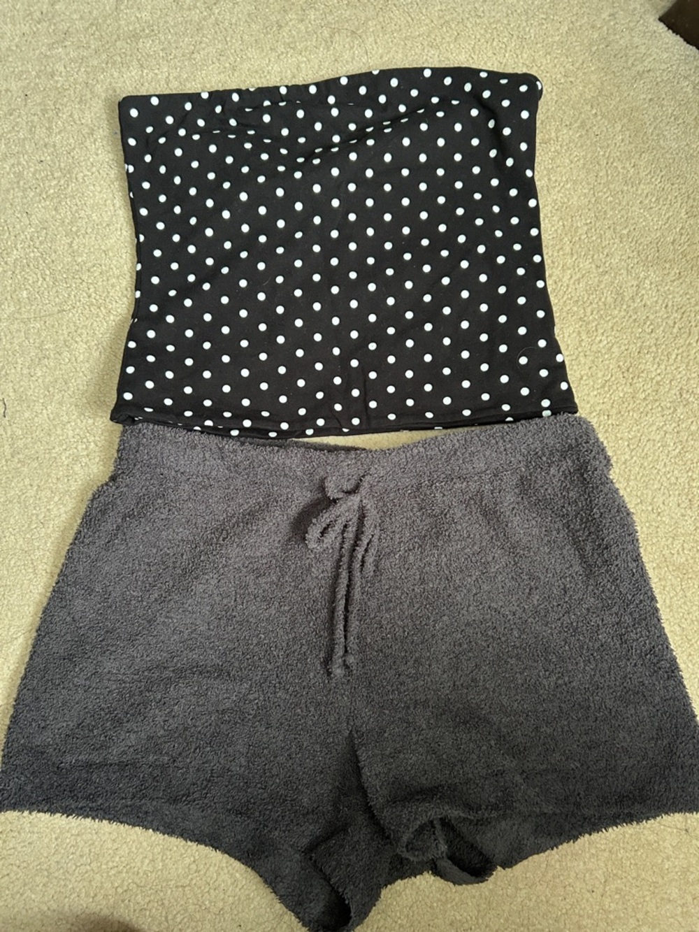Uniqlo Black Polka Dot Strapless Top with Charcoal Shorts